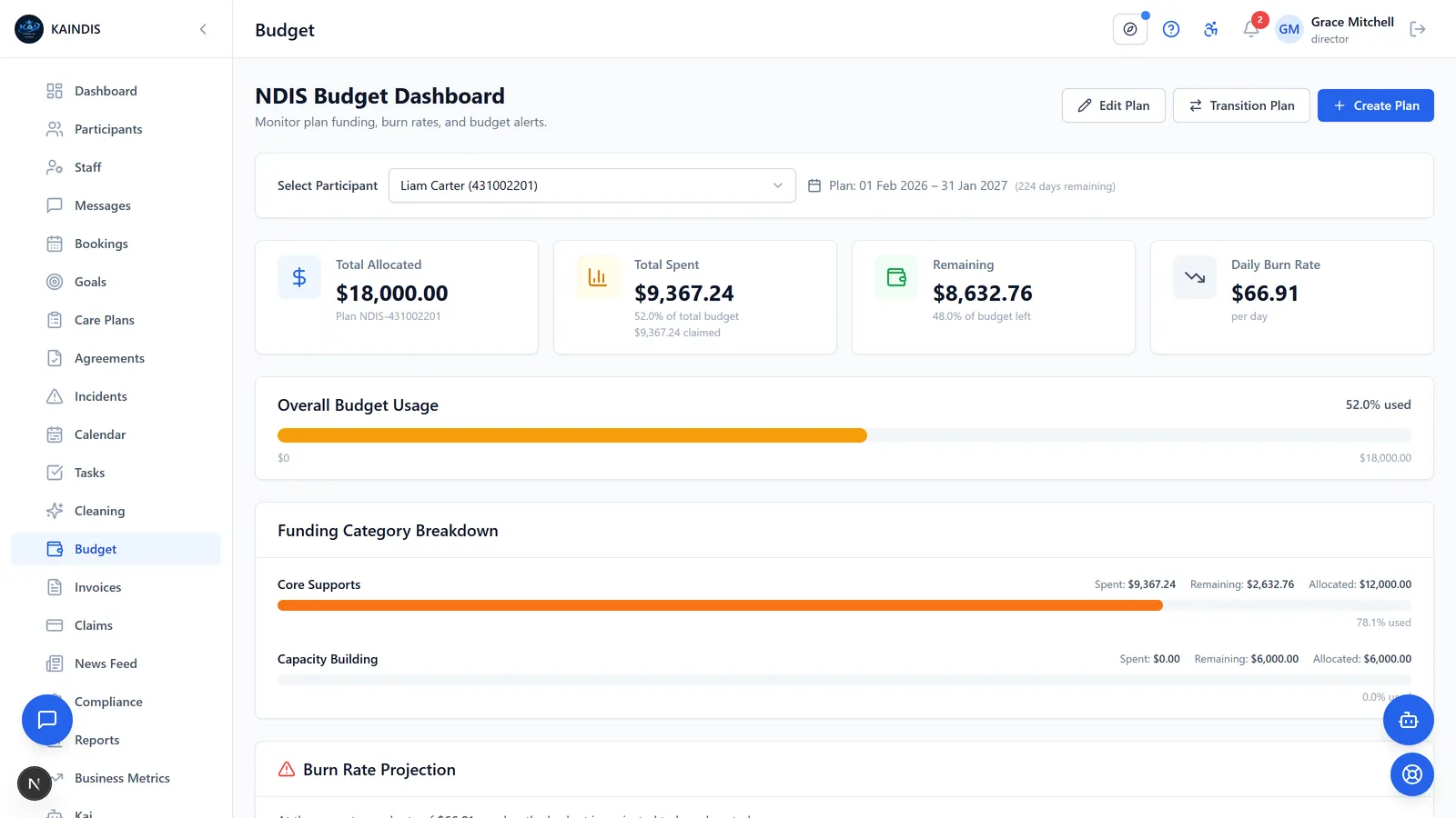 Participant budget screen showing utilisation and alerts across support categories