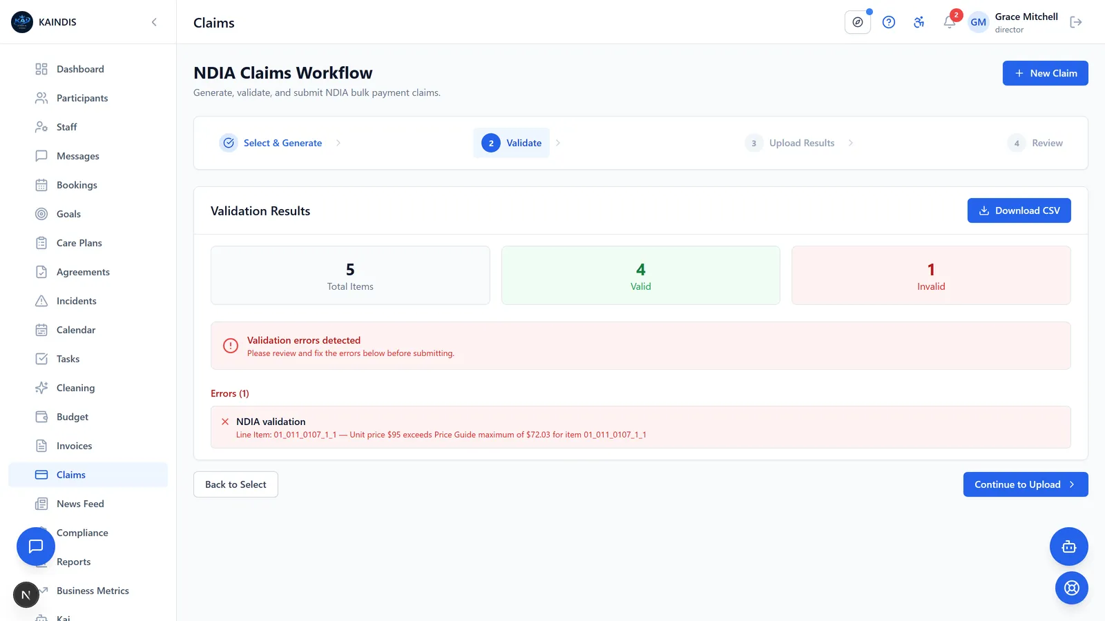 Claims screen showing a validation flag on a claim line