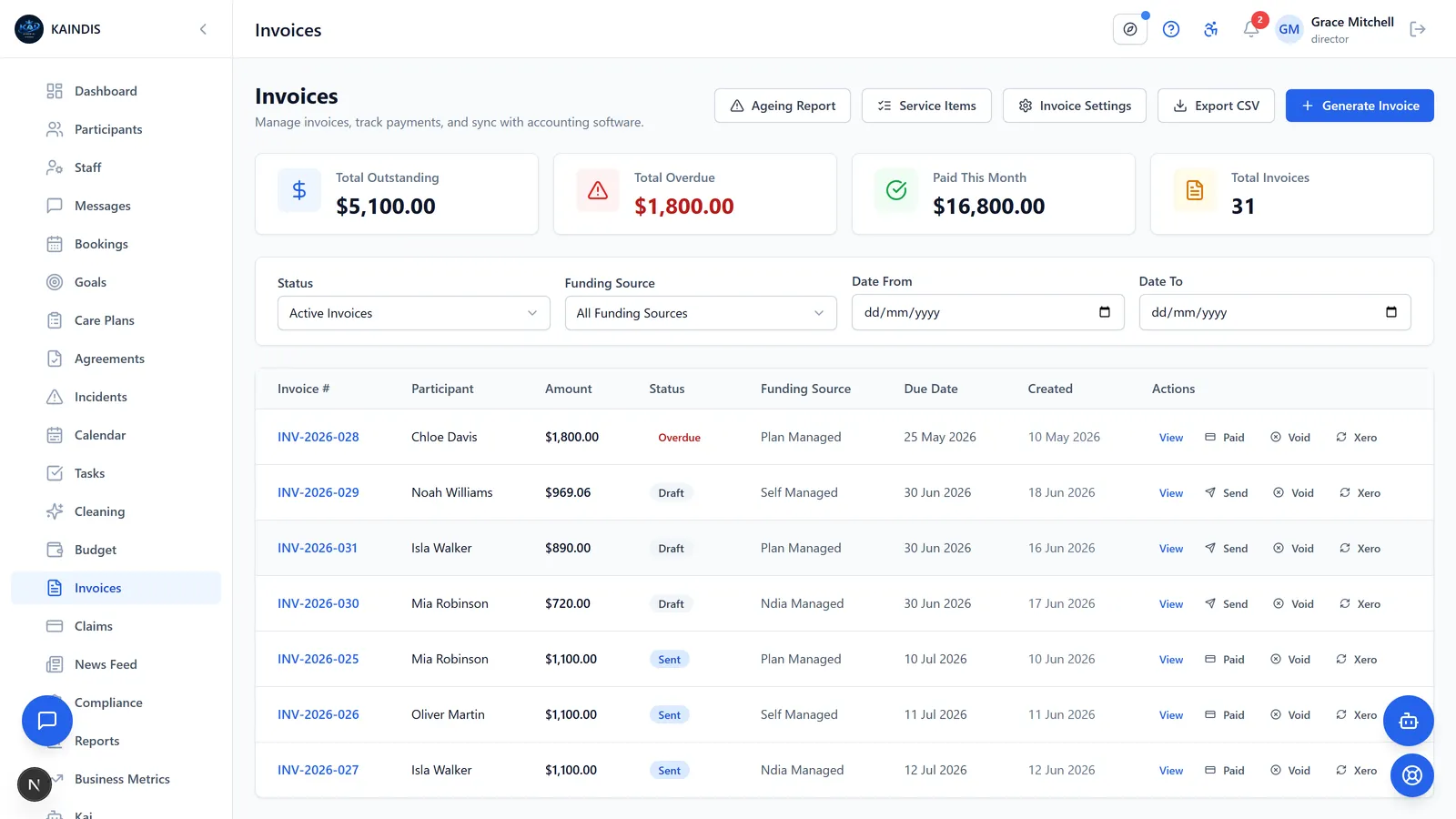 Invoice screen with a one-click push to Xero